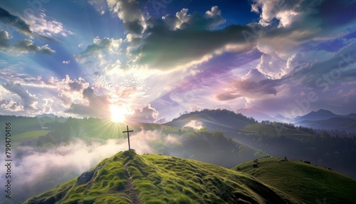 View of the Cross on the hill at sunlight, with a beautiful sea of ​​clouds