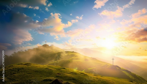 View of the Cross on the hill at sunlight, with a beautiful sea of ​​clouds