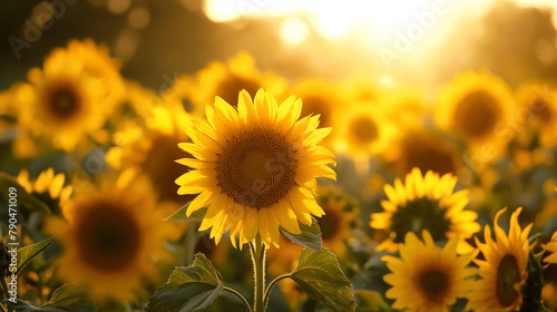 A Field of Yellow Sunflowers In Summer. 