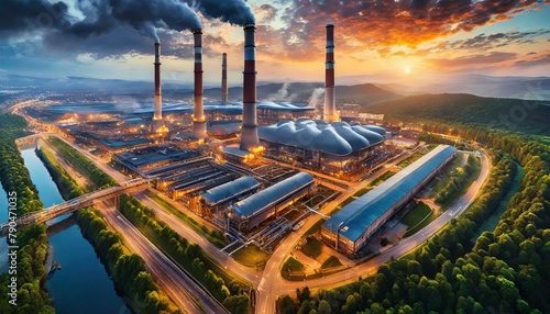 Top view, Energy-efficient factories and industrial complexes utilize advanced technologies like cogeneration and heat recovery systems to maximize resource efficiency and reduce carbon emissions. photo