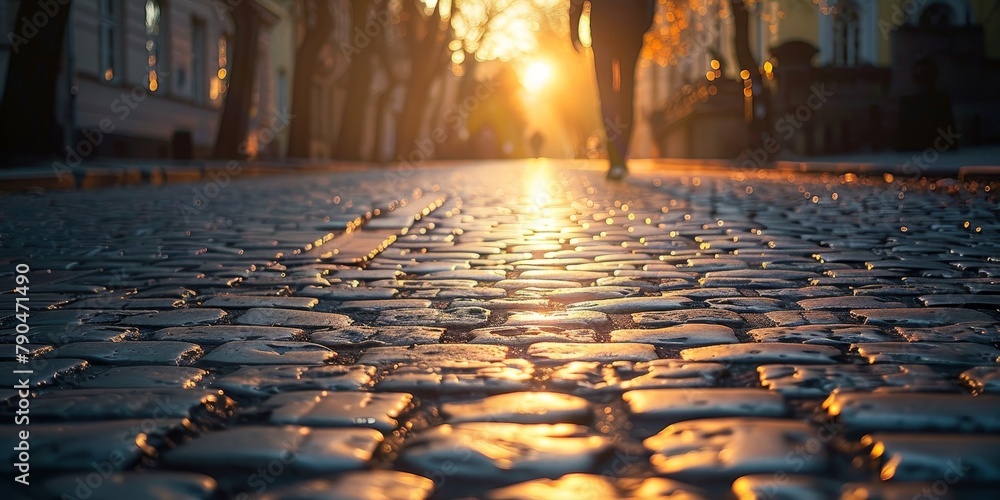 Person Walking Down a Street at Sunset. Generative AI - obrazy, fototapety, plakaty 