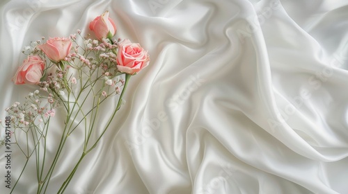 Feminine Still Life on White Silk Background with Text Space