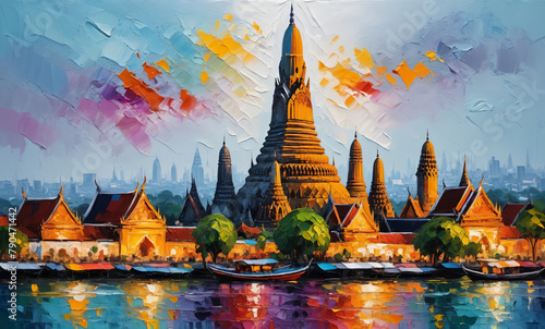 Abstract colorful wat arun oil painting on canvas. Oil paint texture with brush and palette knife strokes photo