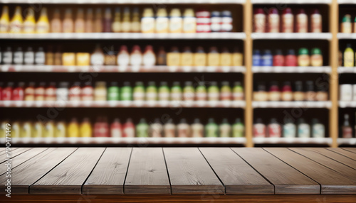 supermarket background and empty wooden table, beautiful grocery store background