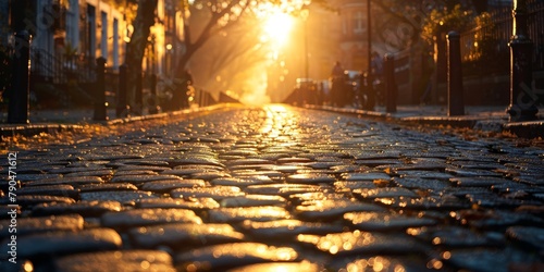 Sun Shining on Cobblestone Street. Generative AI © Lukasz Czajkowski