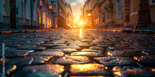 The Sun Sets on a Cobblestone Street. Generative AI photo