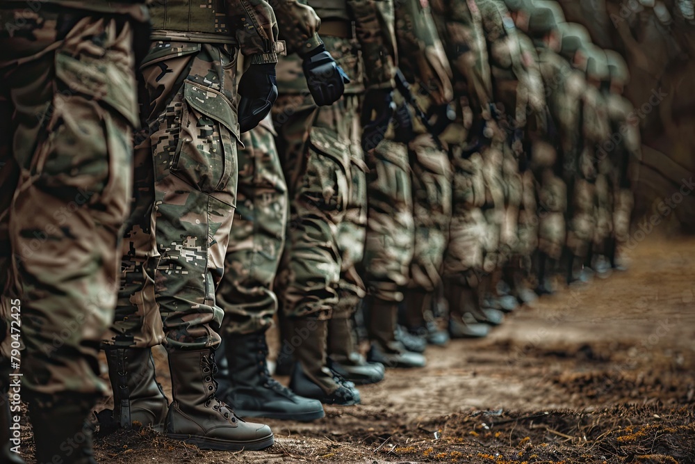 A line of uniformed soldiers standing at attention, showcasing military discipline and unity, with a focus on their camouflage uniforms. A line of uniformed soldiers standing at attention, showcasing military discipline and unity, with a focus on their camouflage uniforms.