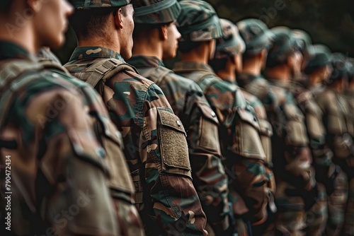 A line of uniformed soldiers standing at attention, showcasing military discipline and unity, with a focus on their camouflage uniforms. photo