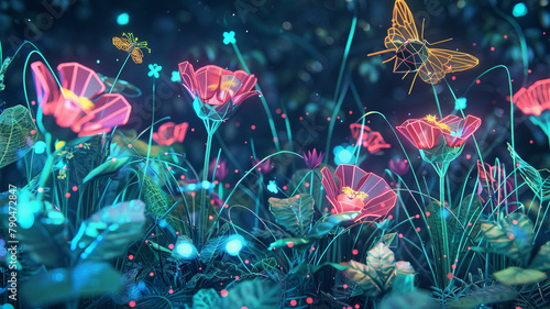 A digital garden with neon flowers and low poly insects, illustrating the ecosystem of the internet and its communicative flora and fauna photo