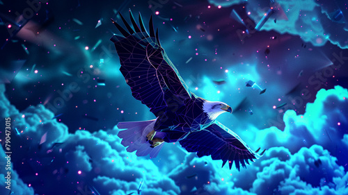 A low poly eagle soaring in a neon sky  embodying the freedom and reach of digital communication