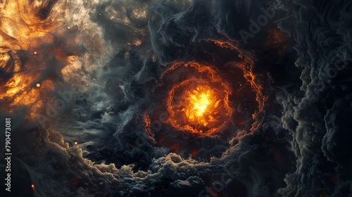 Step into the midst of a catastrophic event with this captivating image of a large fireball erupting amidst dense black smoke photo