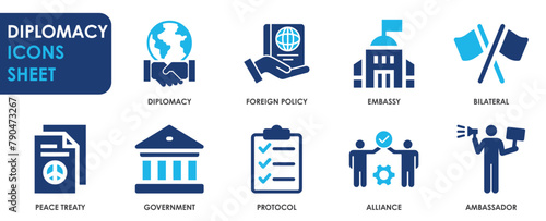 Diplomacy icon set. Containing ambassador, negotiation, embassy and so on. Foreign policy icons set.