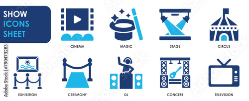 Show icon set. Containing entertainment, stage, spotlight, cinema and so on. Flat entertainment related icons set. photo