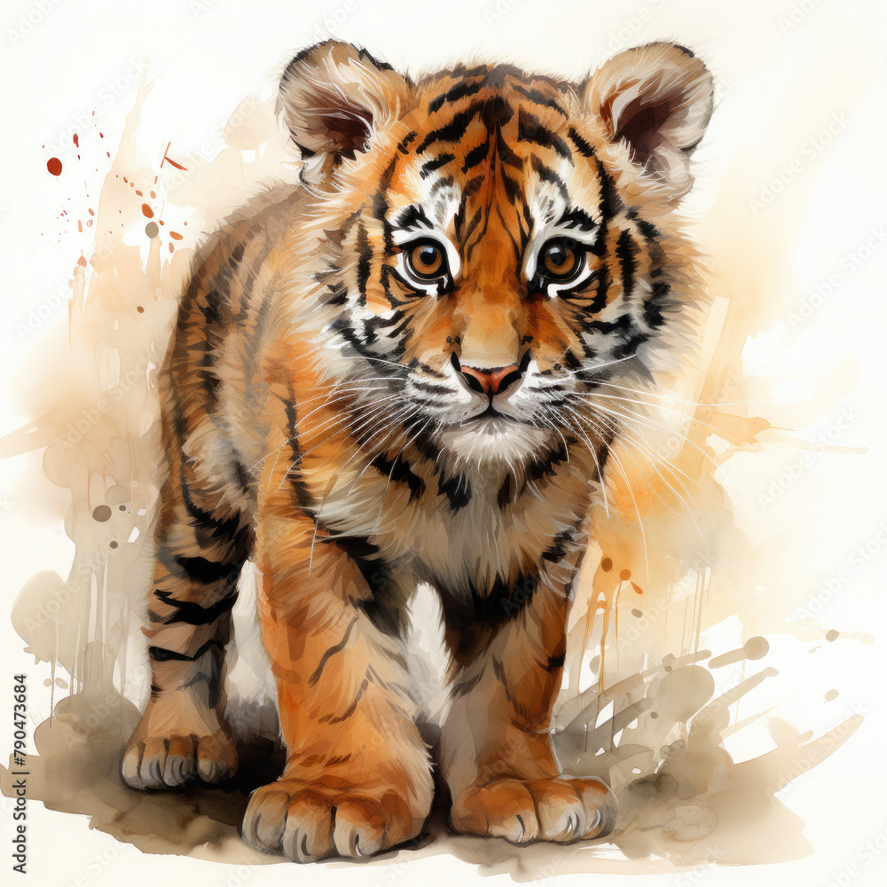 Watercolor Javan tiger, clipart Illustration, Generative Ai Watercolor Javan tiger, clipart Illustration, Generative Ai