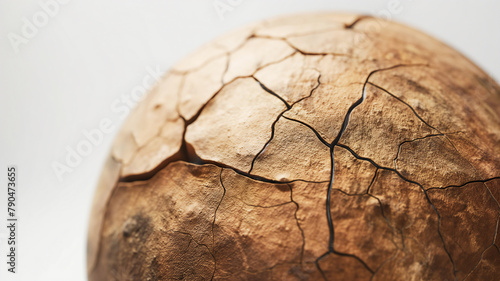 Close-up of a cracked surface of an object resembling a desiccated planet or drought earth.