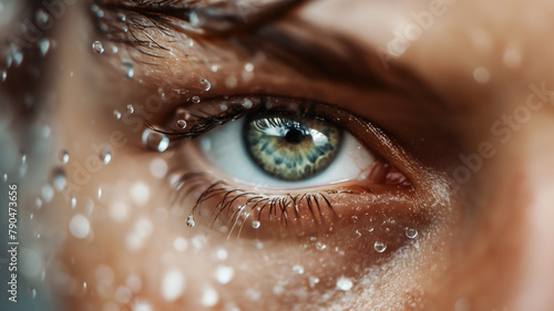 Macro shot of a human eye with water droplets on skin and eyelashes, reflecting detail and emotion.