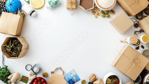 Various sustainable and eco-friendly items arranged in a semicircle on a white background, leaving space for text in the middle. photo