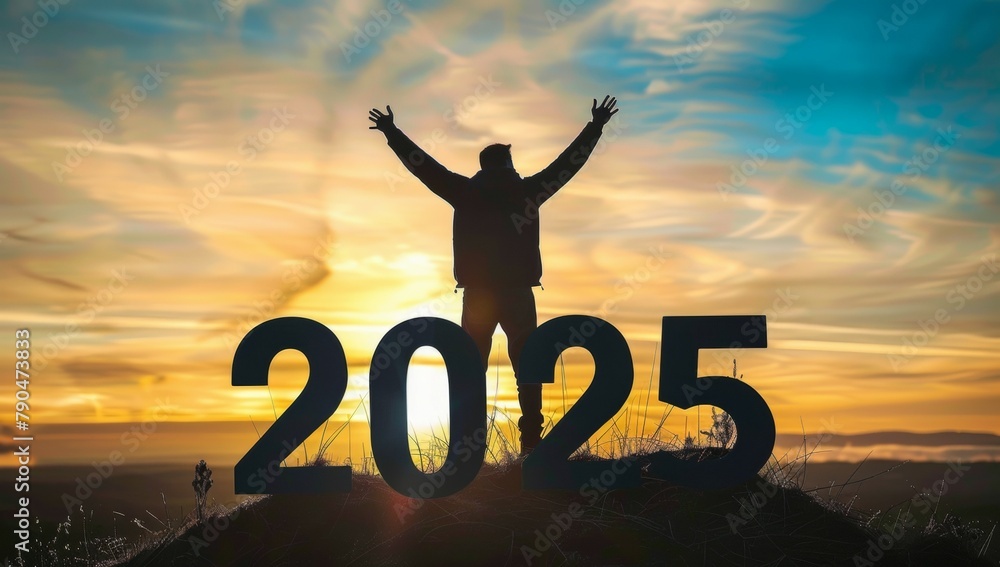 Silhouette of a person and the number 2025 in the light of a beautiful solar flare. Background Silhouette of a person and the number 2025 in the light of a beautiful solar flare. Background