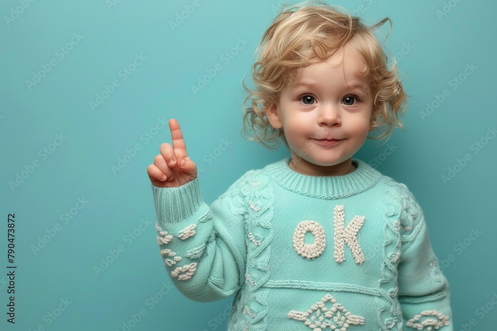The child points his finger at the advertising space. The inscription OK on clothes. Background with selective focus The child points his finger at the advertising space. The inscription OK on clothes. Background with selective focus