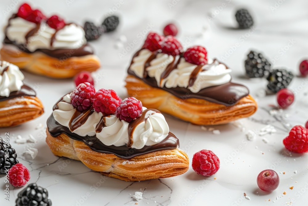 Chocolate eclairs with whipped cream and berries on a white background Chocolate eclairs with whipped cream and berries on a white background