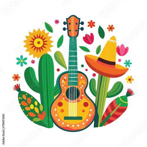 Vector of cactus tree with sombrero and Guiter and flowers with mustache decoration illustration for Cinco de mayo clipart set, Collection of design element vector for Mexican festival day vector