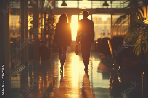 Two people walking in a hallway with a sun shining on them. Business concept