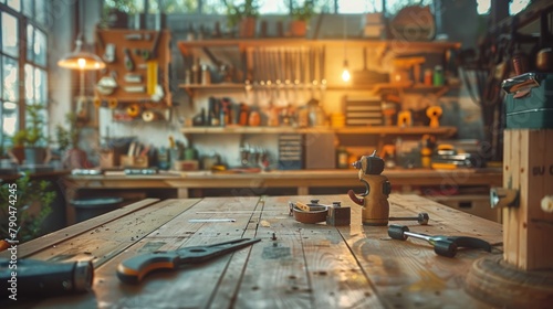 Carpenter's dream, comprehensive set of DIY tools, neatly arranged on wooden table, AI Generative
