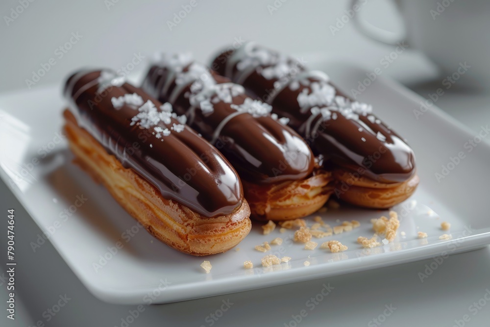 Eclairs with chocolate glaze on a white plate on a white background Eclairs with chocolate glaze on a white plate on a white background