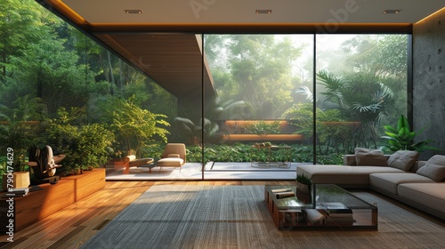 cozy modern living room  expansive skylight with hanging jungle  contemporary furniture  AI Generative