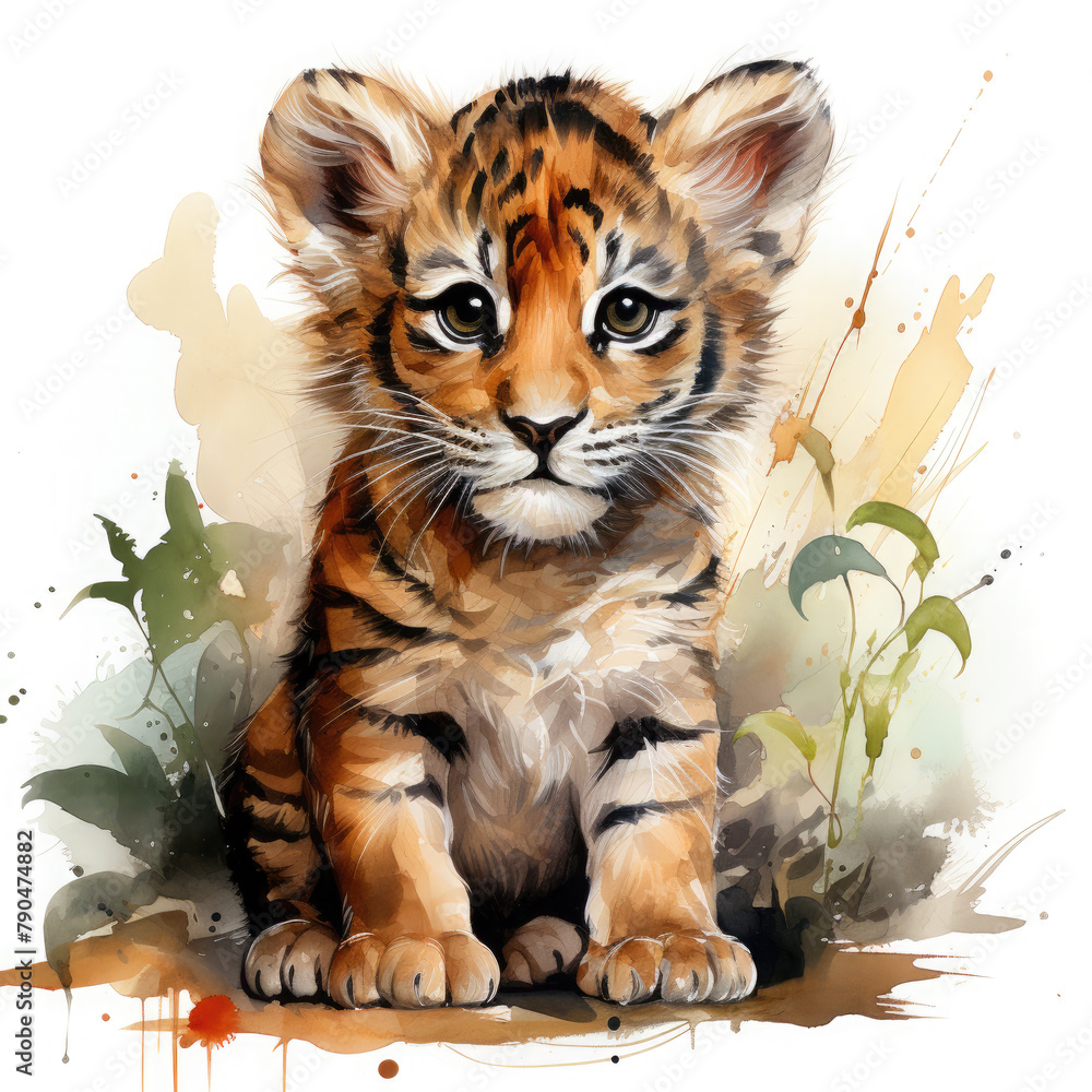 Watercolor Javan tiger, clipart Illustration, Generative Ai Watercolor Javan tiger, clipart Illustration, Generative Ai