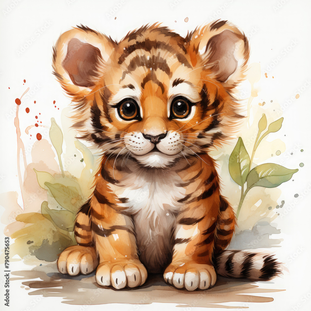 Watercolor Javan tiger, clipart Illustration, Generative Ai Watercolor Javan tiger, clipart Illustration, Generative Ai