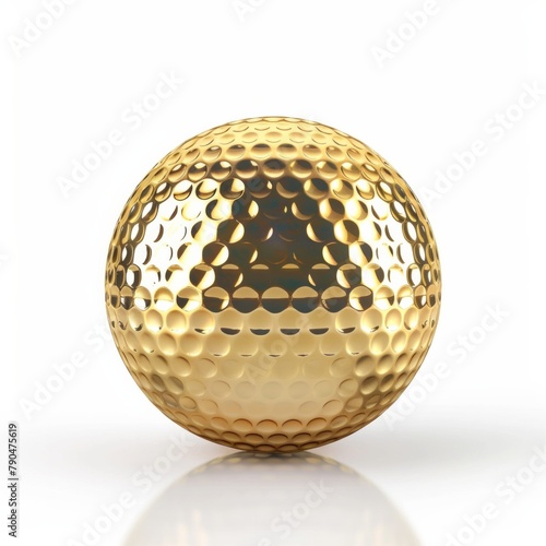 Create a 3D rendering of a gold golf ball standing out against a white background, complete with reflection and shadow, AI Generative