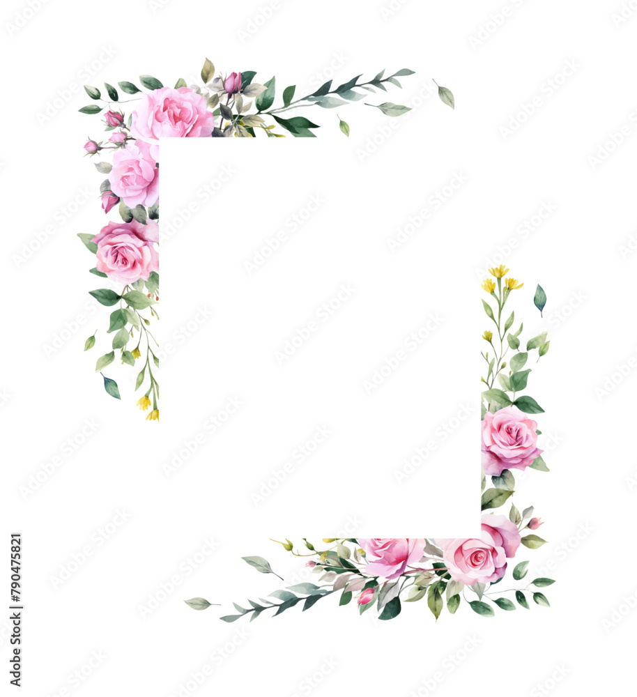 Vector watercolor flower border. Spring pink roses flower frame with leaves, yellow grass flowers. Cards, invitations, decorative border wreath. Wedding, mother's day, valentine's day,Women's Day	
