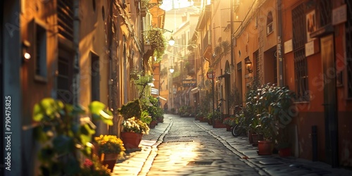 Narrow City Street With Potted Plants. Generative AI