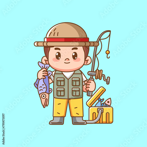 Cute fisher show off fishing kawaii chibi character mascot illustration outline style design