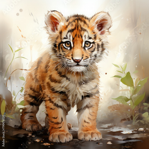 Watercolor Javan tiger  clipart Illustration  Generative Ai