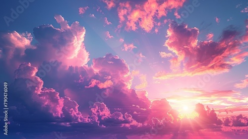 Farbenfroher Himmel, dominante rosa und lila Wolken, beruhigende Szenerie, weites Bannerformat, harmonischer Farbverlauf, AI Generative photo