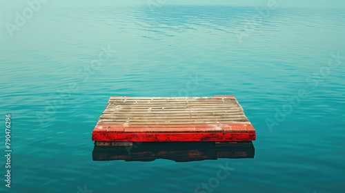 A small floating dock made of wood featuring a red painted border intended for docking fishing and recreational boats The calm blue sea mirrors the dock on its surface