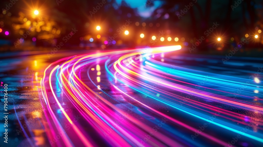 Modern background of bright neon lines, shot with long exposure for an abstract texture, cyberpunk, landscape shot, AI Generative Modern background of bright neon lines, shot with long exposure for an abstract texture, cyberpunk, landscape shot, AI Generative