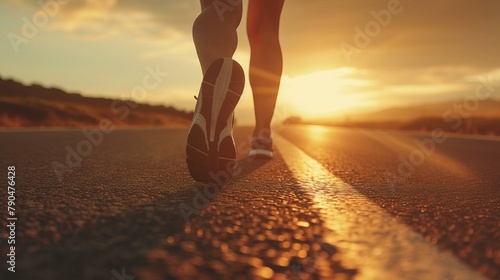 Only the calves of a running woman visible, with the camera positioned low on a long, straight road stretching towards a distant horizon at sunset, straight road, AI Generative