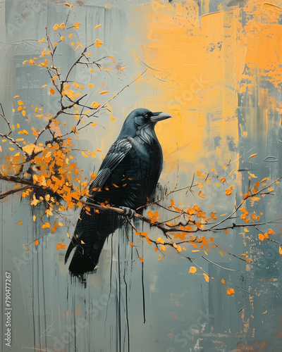 Oil painting of the crow in pastel yellow and dark gray tones, brush strokes, detailed texture, impressionist style