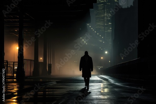 A man walking along a quiet city street illuminated by streetlights at night. Generative AI