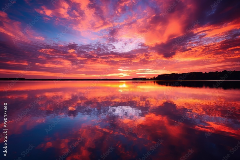 A stunning sunset casting colorful hues over a tranquil lake, with clouds in the sky creating a picturesque scene. Generative AI