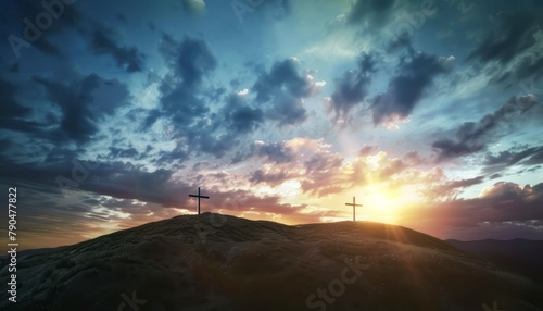 View of the Cross on the hill at sunlight, with a beautiful sea of ​​clouds © Virgo Studio Maple