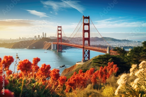 The iconic Golden Gate Bridge spanning over the Bay under cloudy skies. Generative AI