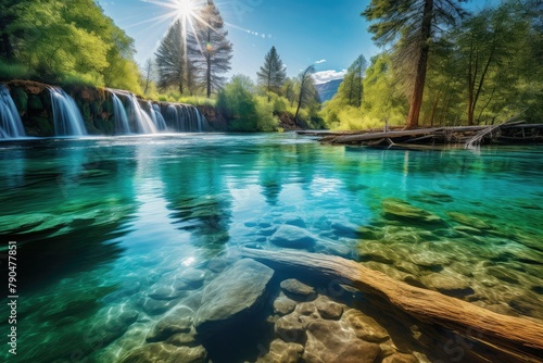 Fototapeta Naklejka Na Ścianę i Meble -  A powerful waterfall cascading down in the middle of a river, creating a stunning and dynamic landscape. Generative AI