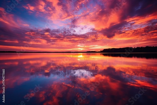 A stunning sunset casting colorful hues over a tranquil lake, with clouds in the sky creating a picturesque scene. Generative AI