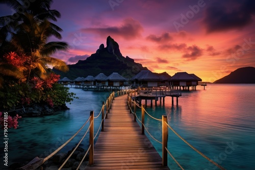 A wooden dock extends out to a resort with a colorful sunset in the background, creating a scenic view of the sea. Generative AI