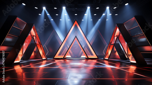 A dark and futuristic stage with bright lights and a triangle-shaped structure in the center.