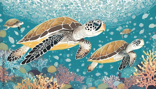 Beautiful Sea turtles swimming around a coral reef  Underwater Illustration  Vector Illustration  Square Format